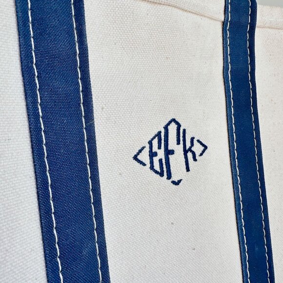VINTAGE LLBEAN BOAT & TOTE BAG - WHITE WITH NAVY - MONOGRAM EFK - MEDIUM 16" - Picture 10 of 12